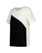 Short Sleeve Leaf Back T-Shirt featuring a modern two-tone design in black and white with diagonal color blocking, round neckline, and relaxed fit silhouette, creating a contemporary casual look