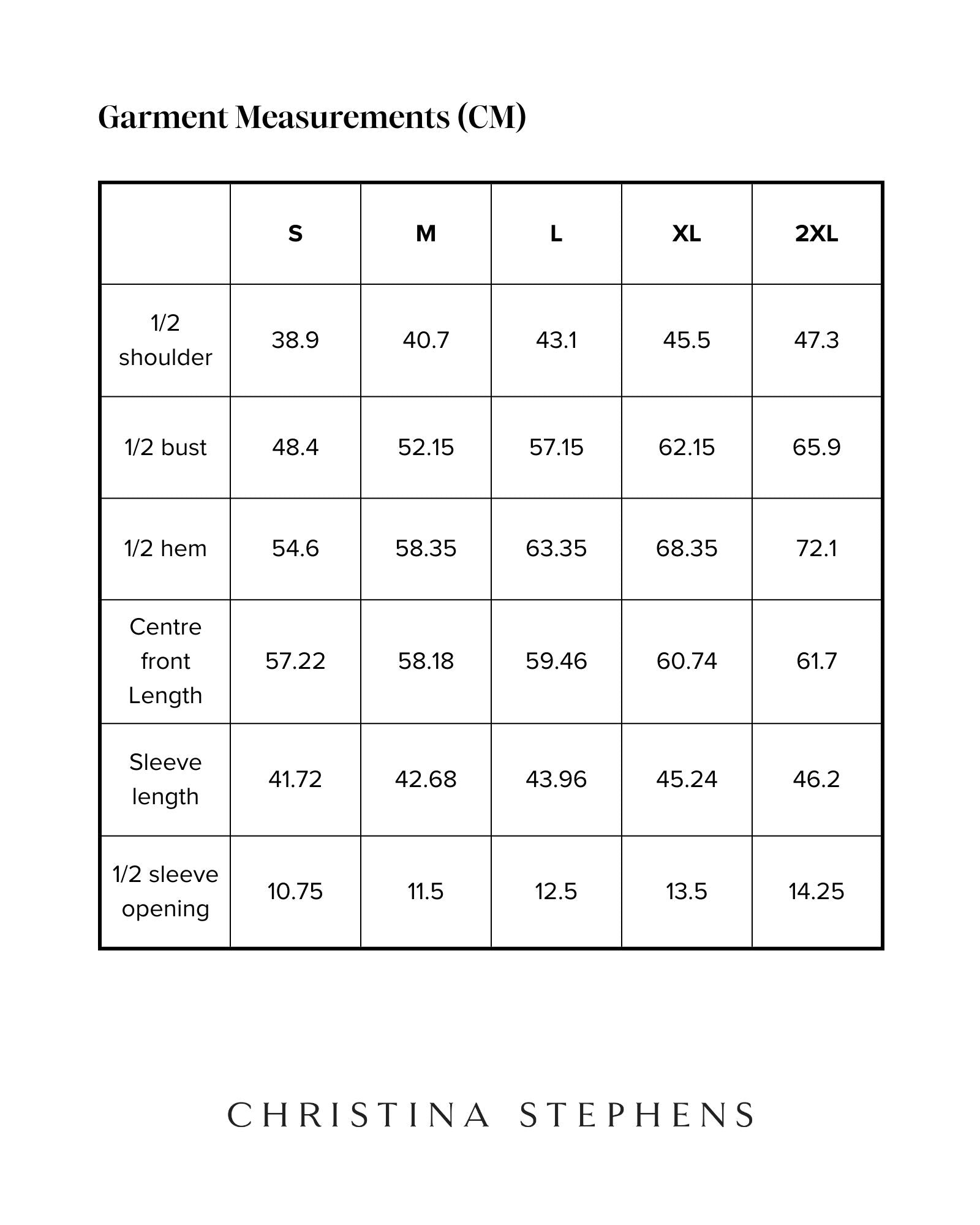 Size chart for 3/4 Sleeve Leaf Back T-Shirt displaying detailed measurements in centimeters across S to 2XL sizes, including shoulder width, bust, hem, front length, sleeve length, and sleeve opening measurements. Christina Stephens brand logo below.