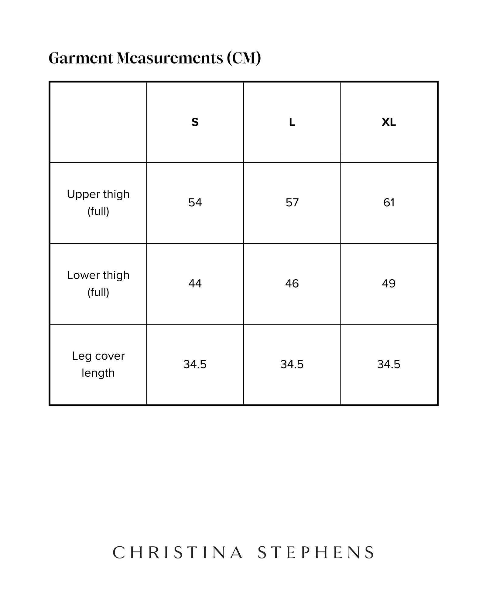 Catheter Bag Leg Cover size chart showing measurements in centimeters for three sizes: S, L, and XL. Includes upper thigh, lower thigh, and leg cover length measurements in a clean, organized table format.