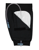 Catheter Bag Leg Cover featuring a black fabric sleeve with white interior pocket, adjustable straps, and tube openings for discreet medical device concealment. The cover shows both inlet and outlet ports and displays a professional medical-grade design for comfortable daily wear.