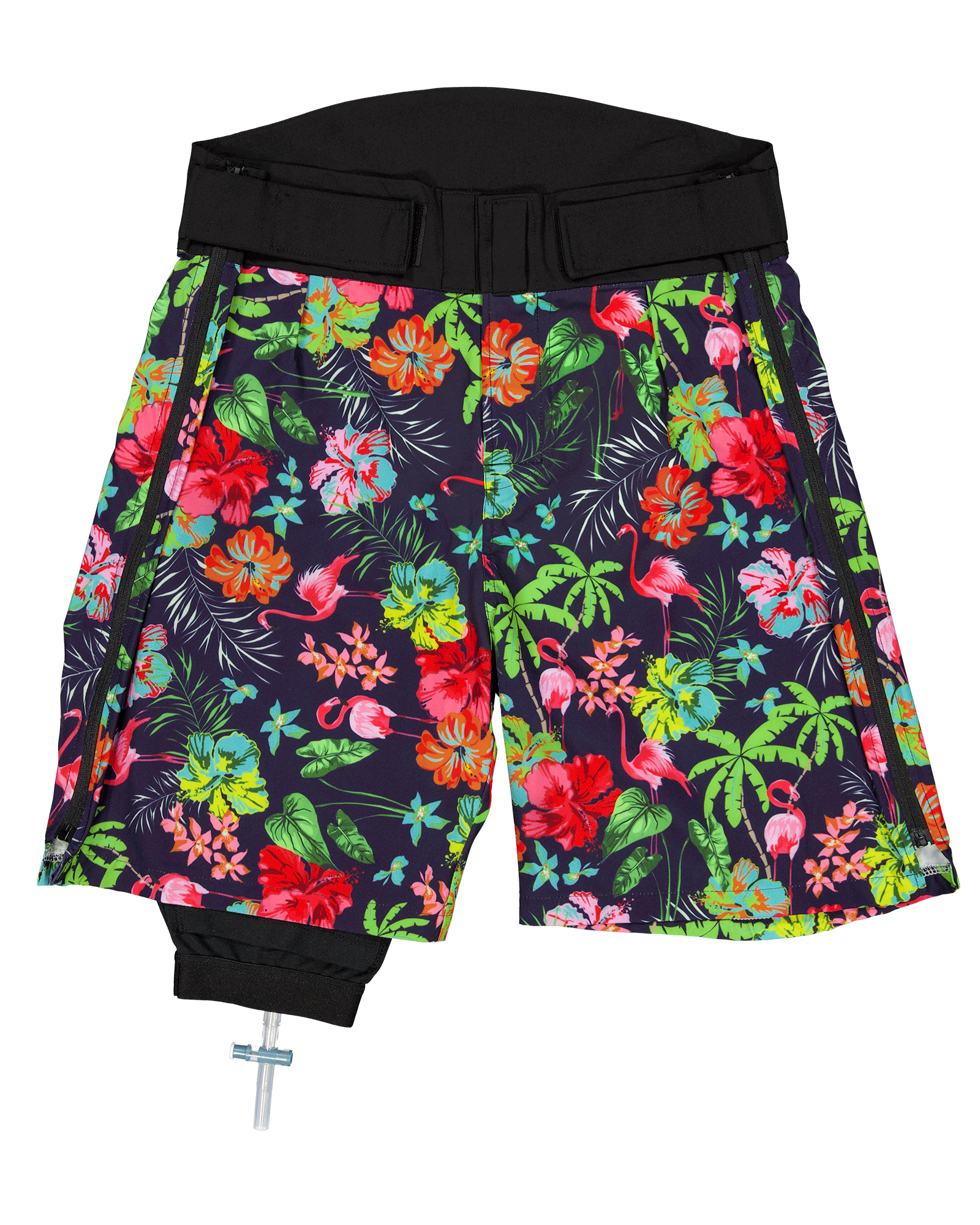 Catheter Bag Leg Cover featuring vibrant tropical floral print shorts with black waistband, designed to discreetly conceal medical equipment while maintaining style and comfort. Navy background with colorful hibiscus flowers, palm leaves, and tropical motifs in red, green, and turquoise.