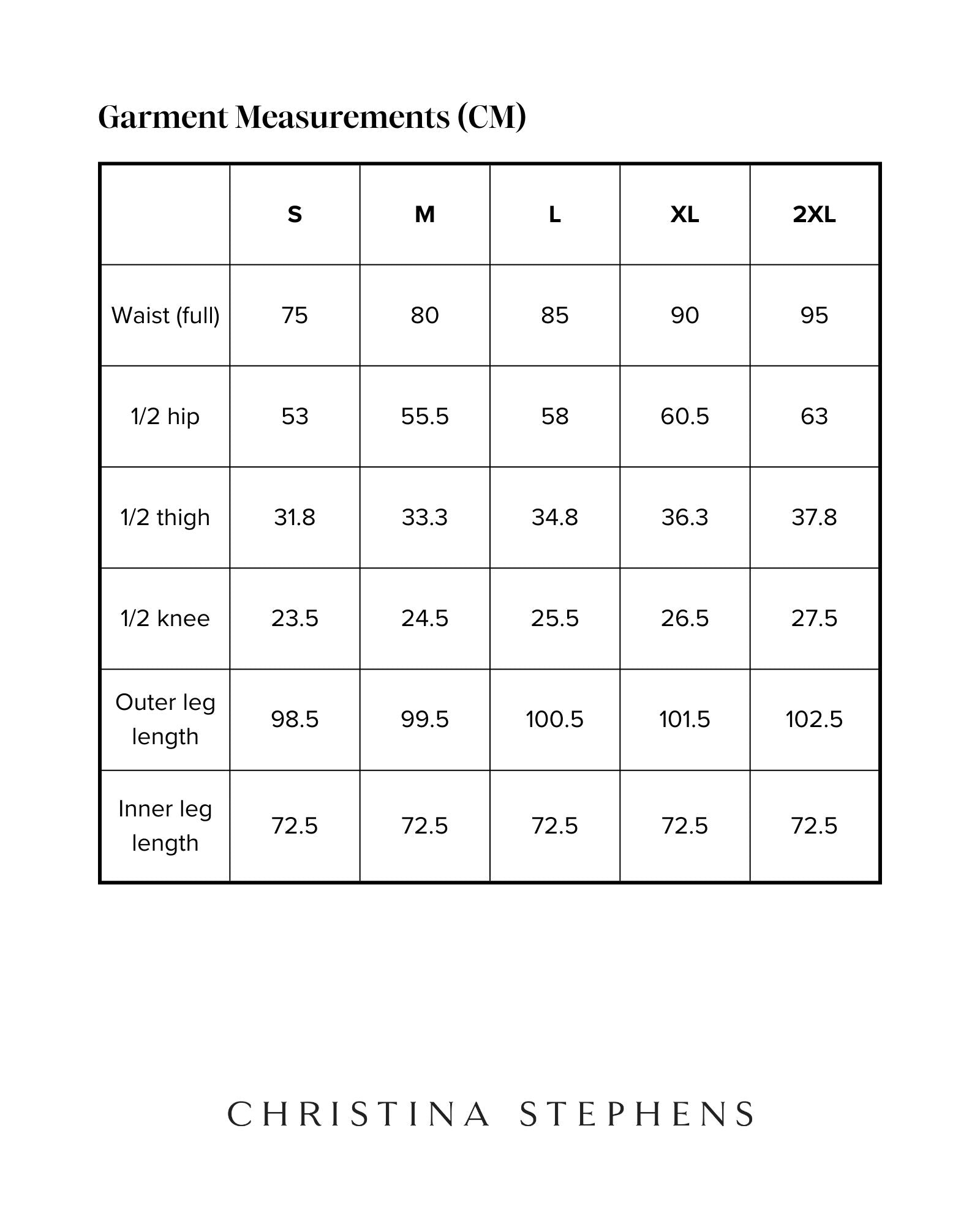 Size chart for Stephen Seated Jeans displaying detailed measurements in centimeters across S to 2XL sizes, including waist, hip, thigh, knee, and leg length specifications. Christina Stephens brand garment measurement guide.