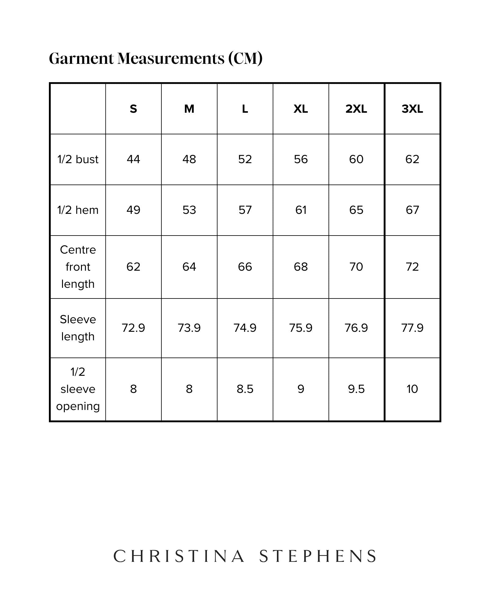 Size chart for Maggie Thermal Top displaying measurements in centimeters across S to 3XL sizes, including bust, hem, center front length, sleeve length, and sleeve opening dimensions in a clear tabular format