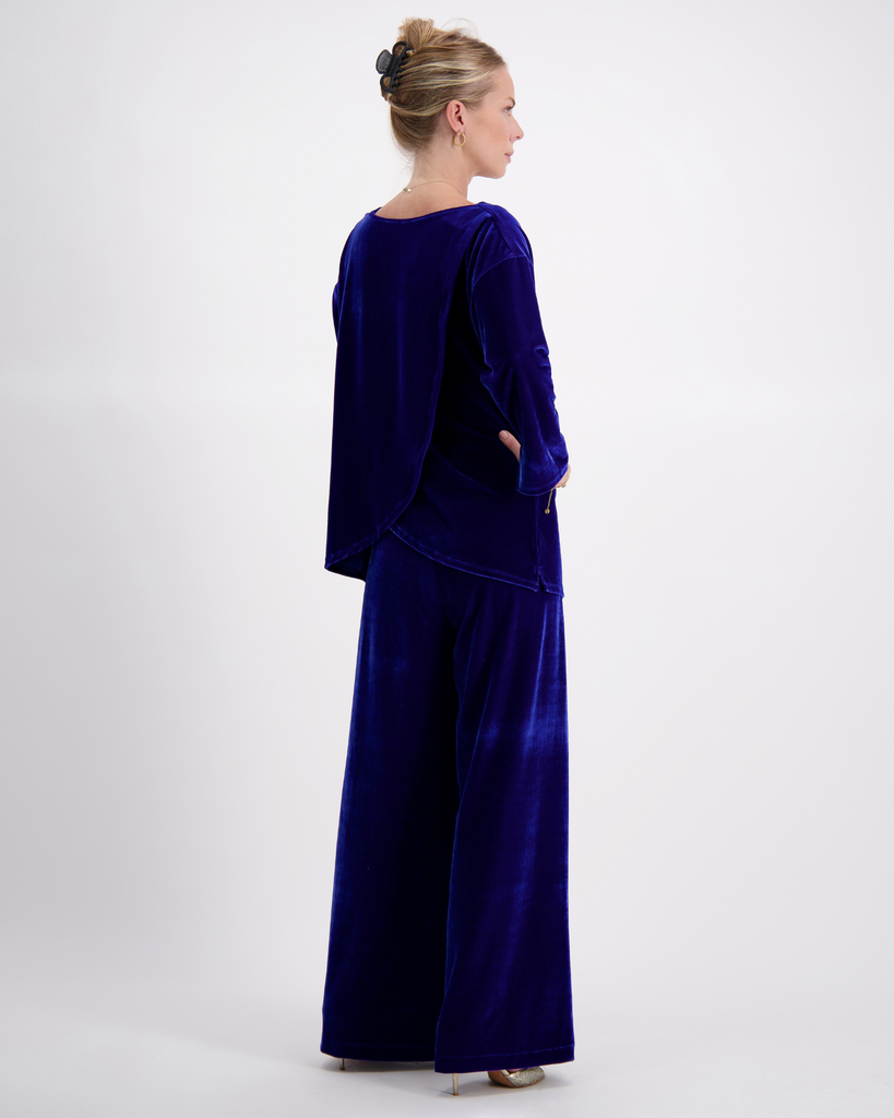  Emma Boat Neck Leaf Back Velvet Top Blue