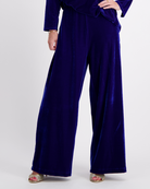 Jessie Wide Leg Velvet Pants in luxurious royal blue velvet featuring a flowing wide-leg silhouette, side pull tabs, and floor-length cut, paired with metallic sandals against a light background