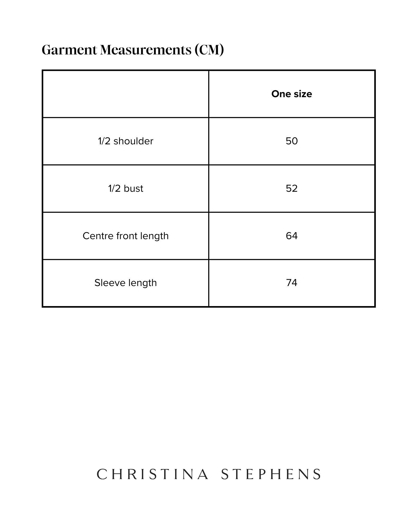 Size chart for Oceania Kaftan displaying measurements in centimeters including shoulder width (50cm), bust (52cm), front length (64cm), and sleeve length (74cm), with one-size design specification