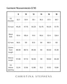 Size chart for Christina Stephens Leaf Back Dress displaying measurements in centimeters across sizes 8-18, including shoulder, bust, waist, hem, front length, sleeve length, and sleeve opening specifications on a clean white background