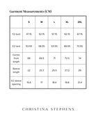 Lisa Raglan Leaf Back T-Shirt size chart displaying detailed measurements in centimeters across S to 2XL sizes, including bust, hem, length, sleeve measurements, presented in a clean grid format with Christina Stephens branding below