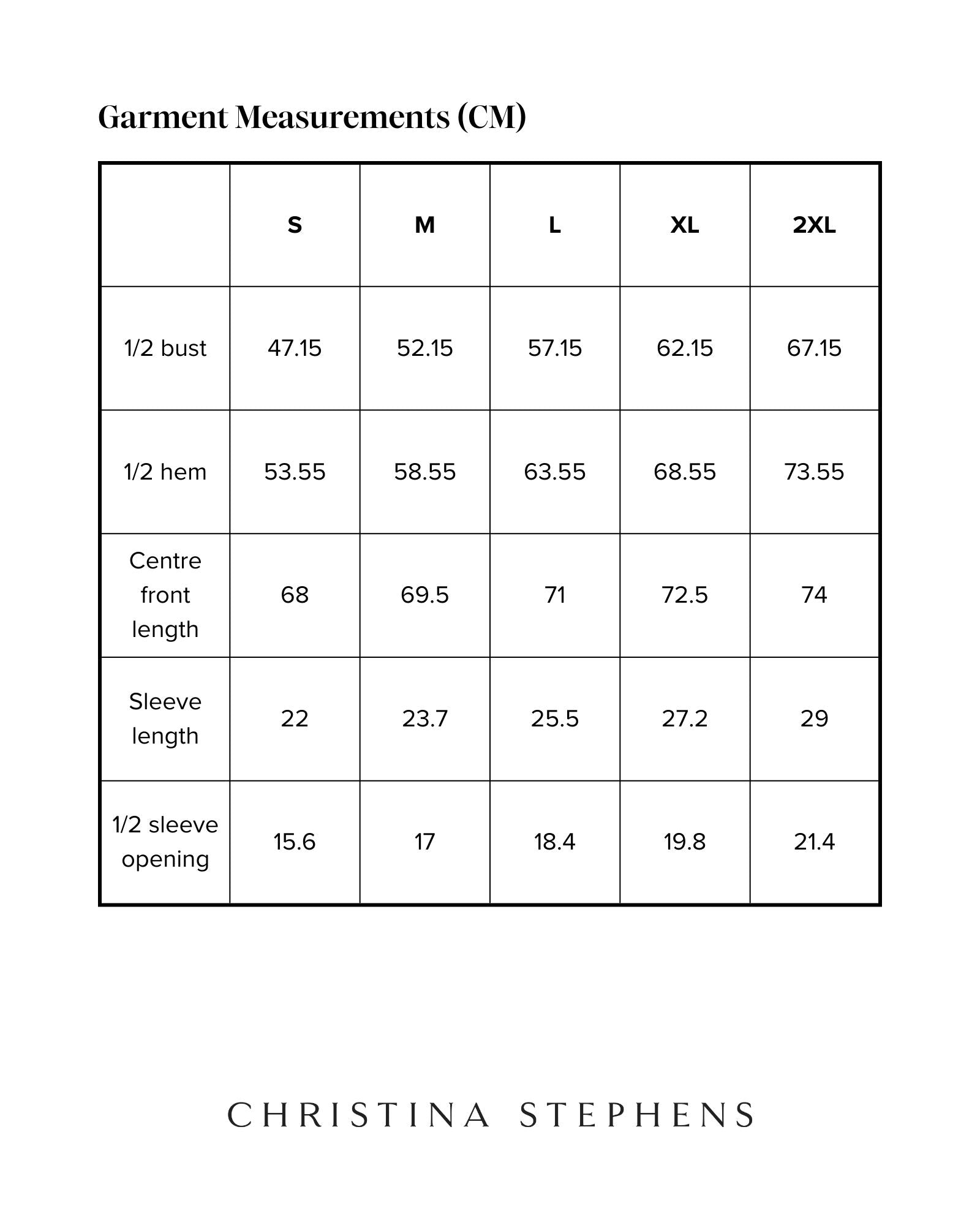 Lisa Raglan Leaf Back T-Shirt size chart displaying detailed measurements in centimeters across S to 2XL sizes, including bust, hem, length, sleeve measurements, presented in a clean grid format with Christina Stephens branding below