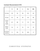 Size chart for Louis Thermal Top displaying measurements in centimeters across sizes S to 2XL, including chest width, hem width, center front length, sleeve length, and sleeve opening dimensions with Christina Stephens branding