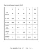 Size chart for Nick A-Line T-Shirt displaying measurements in centimeters across sizes S to 2XL, including shoulder width, chest, hem, front length, sleeve length, and sleeve opening measurements. Clean black and white table format with Christina Stephens branding.