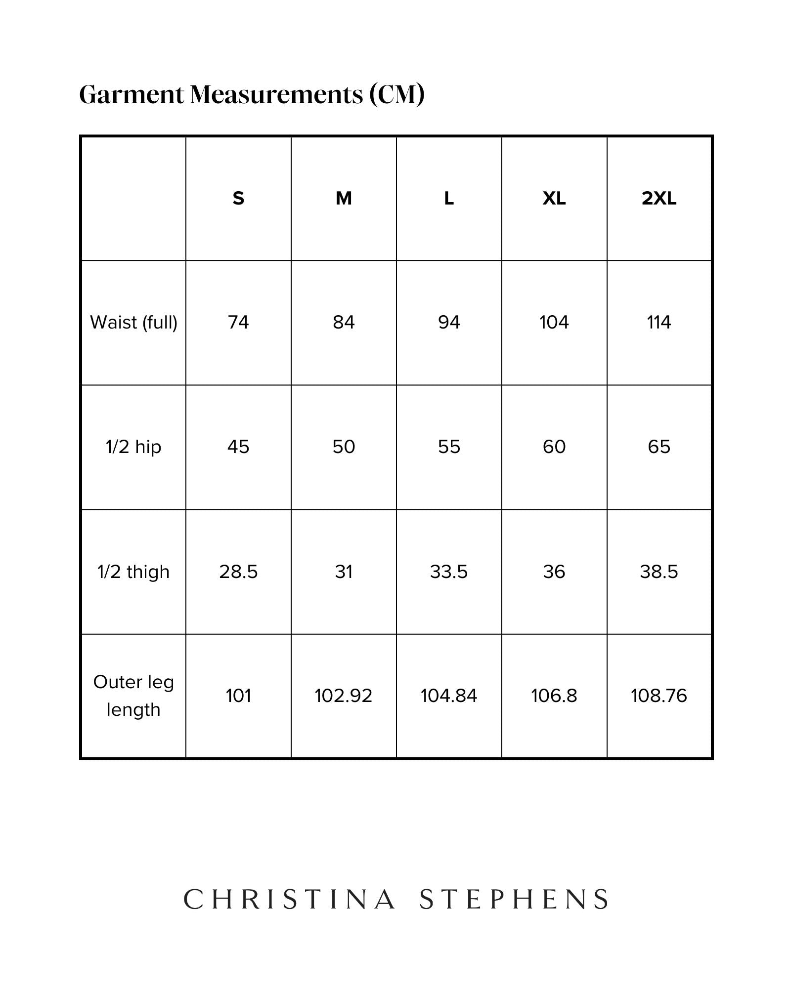 Size chart for Seated Legging for SP Catheter displaying measurements in centimeters across sizes S to 2XL, including waist, hip, thigh, and outer leg length dimensions. Black and white table with Christina Stephens logo below.