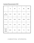 Size chart for Lauren Sleeveless Physio Top displaying measurements in centimeters across five sizes from S to 2XL, including shoulder width, bust, hem, and center front length measurements, presented in a clear grid format with Christina Stephens branding.