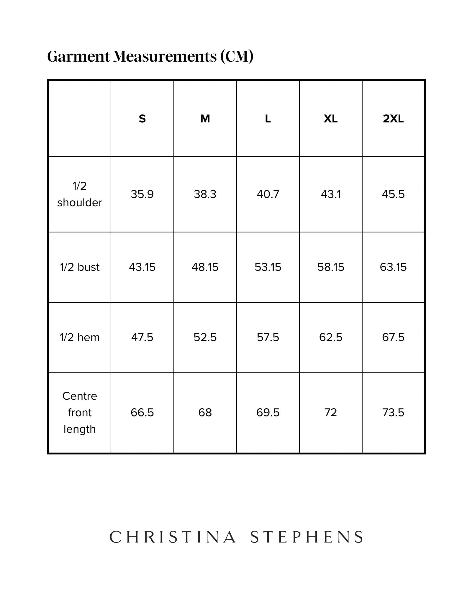 Size chart for Lauren Sleeveless Physio Top displaying measurements in centimeters across five sizes from S to 2XL, including shoulder width, bust, hem, and center front length measurements, presented in a clear grid format with Christina Stephens branding.