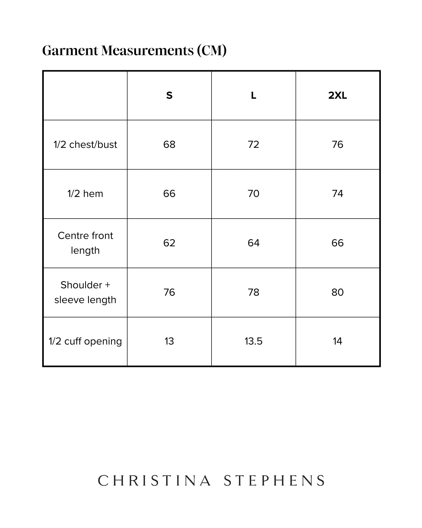 Size chart for Elly Universal Puffer Jacket showing measurements in centimeters for sizes S, L, and 2XL, including chest, hem, front length, shoulder with sleeve length, and cuff opening dimensions in a clean, organized table format.