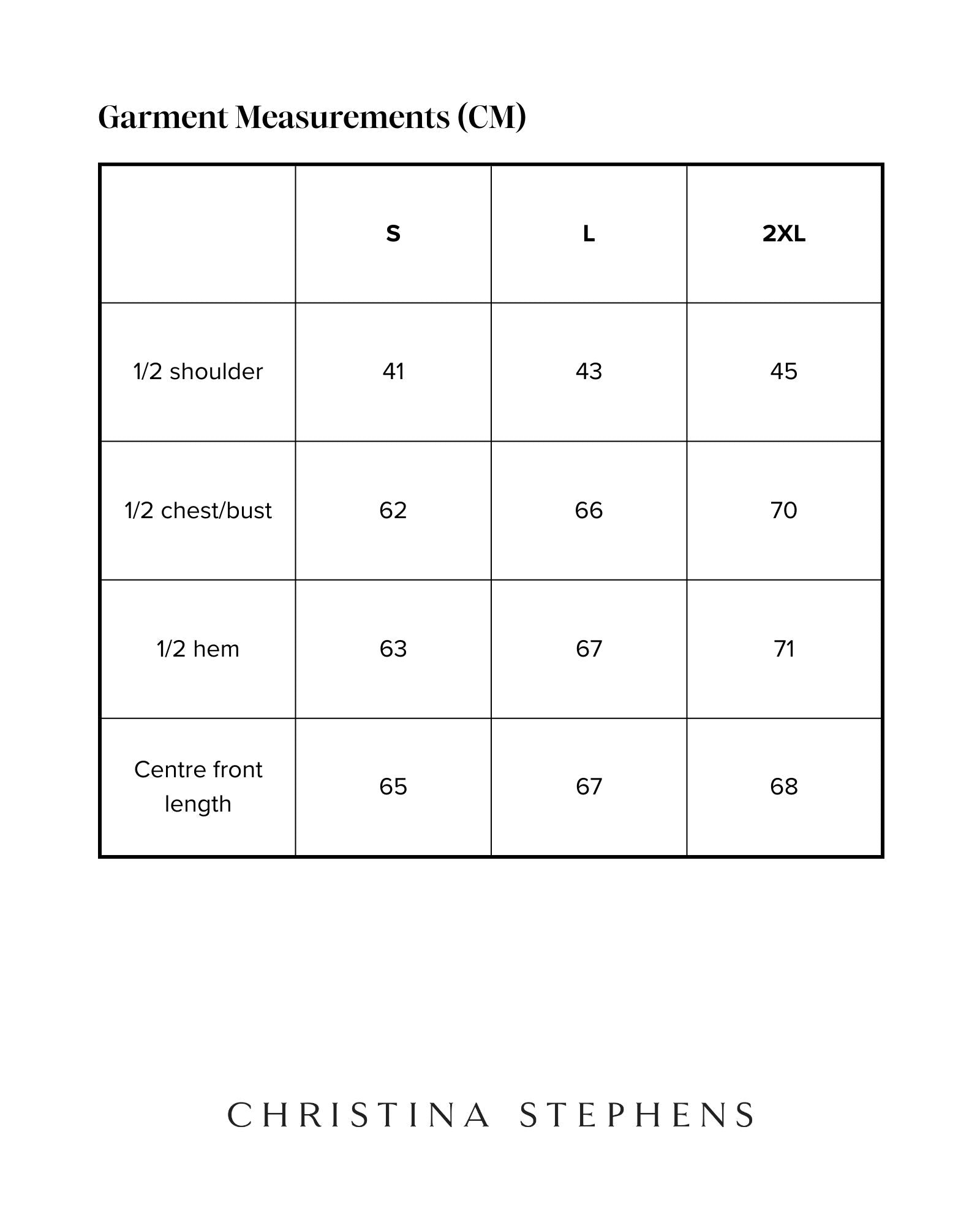 Size chart for Matt Gender Neutral Puffer Vest displaying measurements in centimeters across three sizes: S, L, and 2XL. Shows half shoulder, chest/bust, hem, and center front length measurements in a clean, minimalist table format.