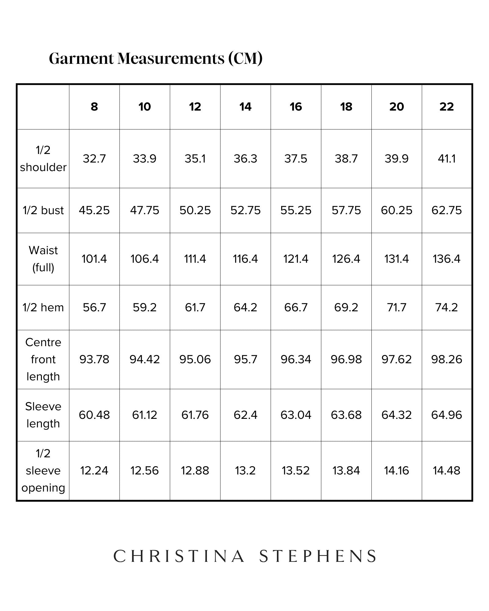 Size chart for Essensual PJ Dress by Christina Stephens showing detailed measurements in centimeters across sizes 8-22, including shoulder, bust, waist, hem, length, and sleeve specifications for accurate fit selection