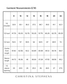 Essensual PJ Top size chart showing detailed garment measurements in centimeters, including shoulder width, bust, hem, front length, sleeve length, and sleeve opening across sizes 8-22. Christina Stephens brand measurement guide with clean, organized tabular layout.