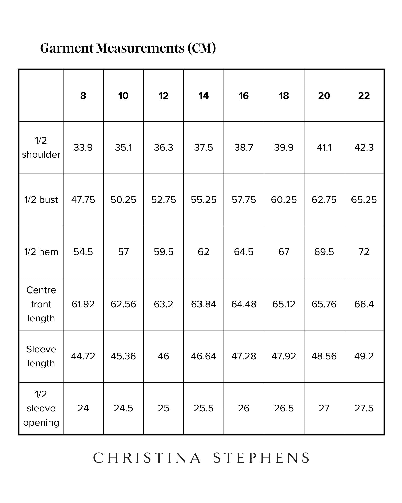 Essensual PJ Top size chart showing detailed garment measurements in centimeters, including shoulder width, bust, hem, front length, sleeve length, and sleeve opening across sizes 8-22. Christina Stephens brand measurement guide with clean, organized tabular layout.