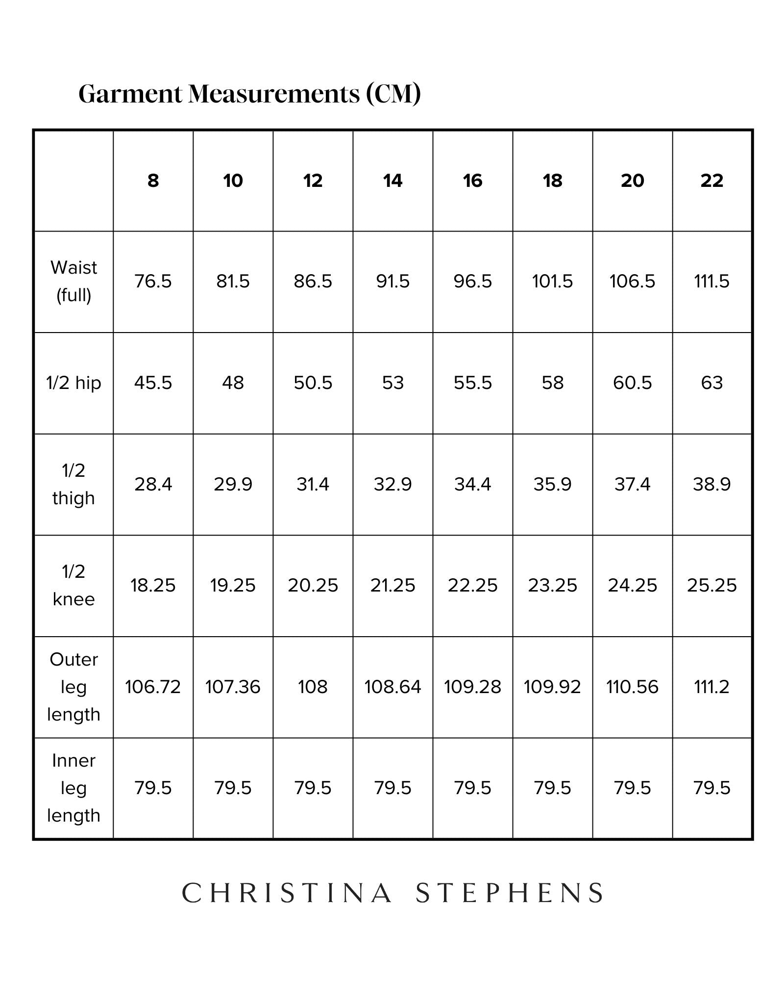 Seated Stretch Pant size chart displaying detailed measurements in centimeters, including waist, hip, thigh, knee, and leg lengths across sizes 8-22. Black and white measurement table with Christina Stephens branding.