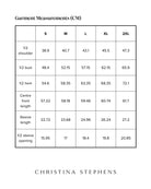 Detailed size chart for Short Sleeve Leaf Back T-Shirt displaying measurements in centimeters across S to 2XL sizes, including shoulder width, bust, hem, front length, sleeve length, and sleeve opening specifications on a clean white background with brand name underneath.