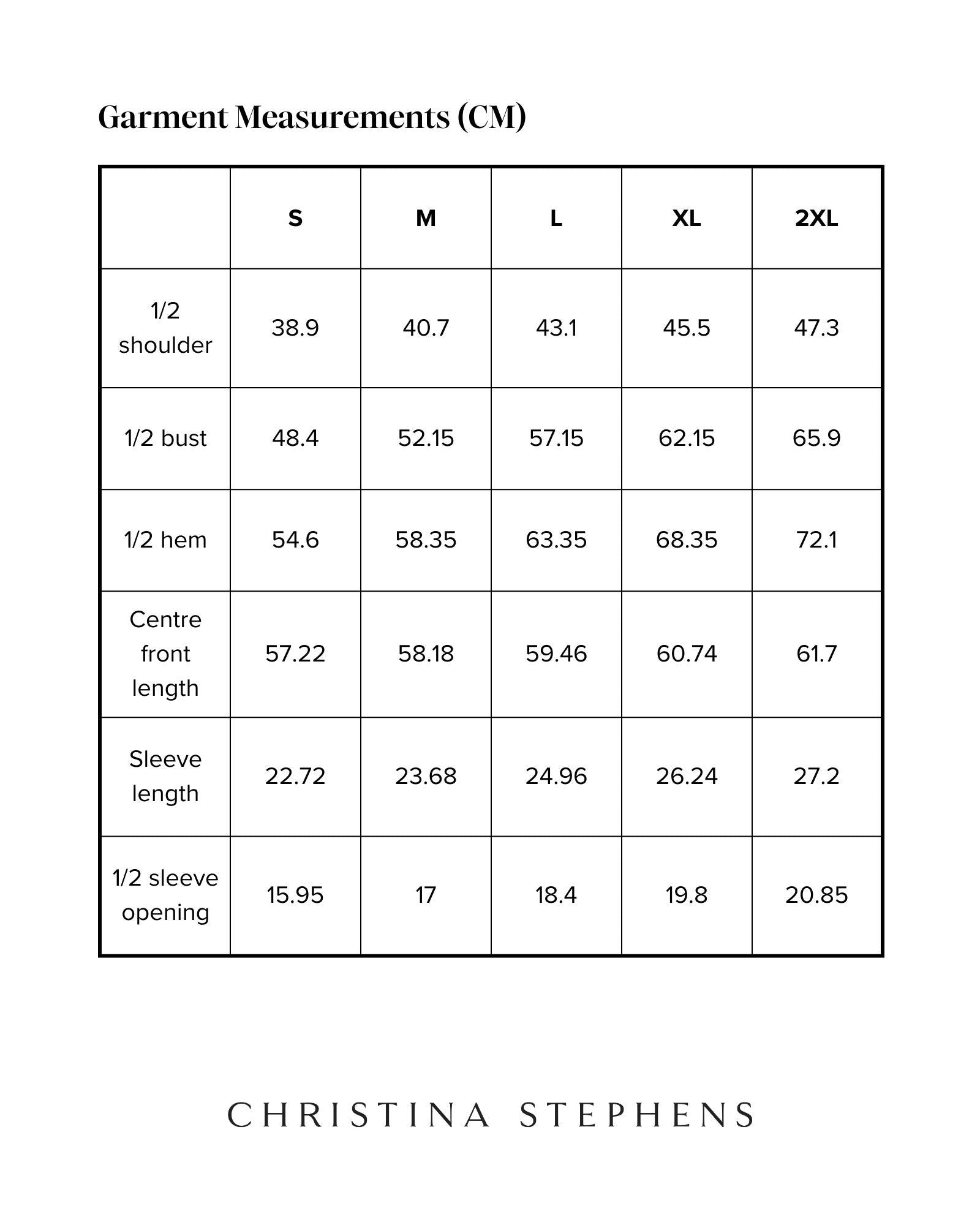 Detailed size chart for Short Sleeve Leaf Back T-Shirt displaying measurements in centimeters across S to 2XL sizes, including shoulder width, bust, hem, front length, sleeve length, and sleeve opening specifications on a clean white background with brand name underneath.