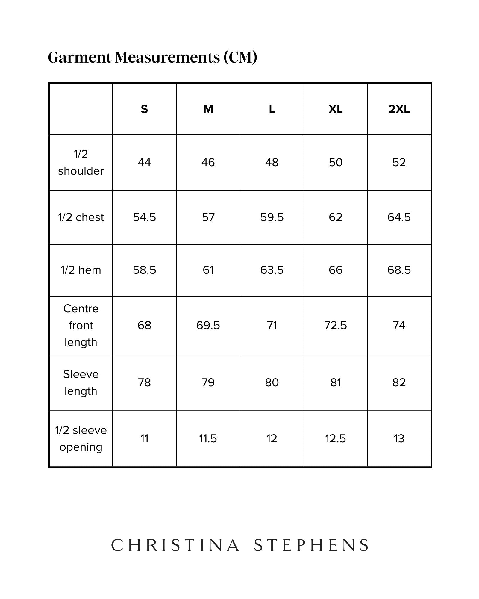 Size chart for Sir Lord Raglan T-Shirt displaying measurements in centimeters across sizes S to 2XL, including shoulder width, chest, hem, front length, sleeve length, and sleeve opening measurements. Black and white table with Christina Stephens branding.