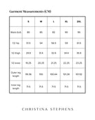 Size chart for Suzie Q Seated Pants Sequins displaying measurements in centimeters across S to 2XL sizes, including waist, hip, thigh, knee, and leg length measurements. Black and white table with crisp typography and Christina Stephens branding.