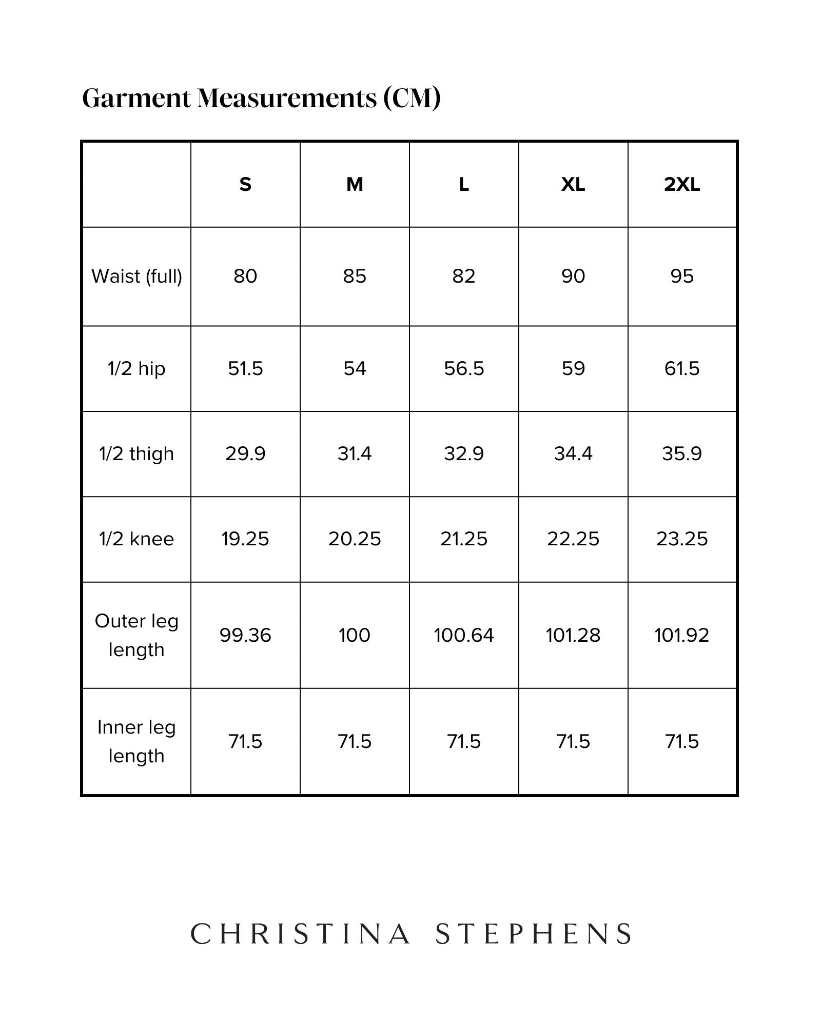 Size chart for Suzie Q Seated Pants Sequins displaying measurements in centimeters across S to 2XL sizes, including waist, hip, thigh, knee, and leg length measurements. Black and white table with crisp typography and Christina Stephens branding.