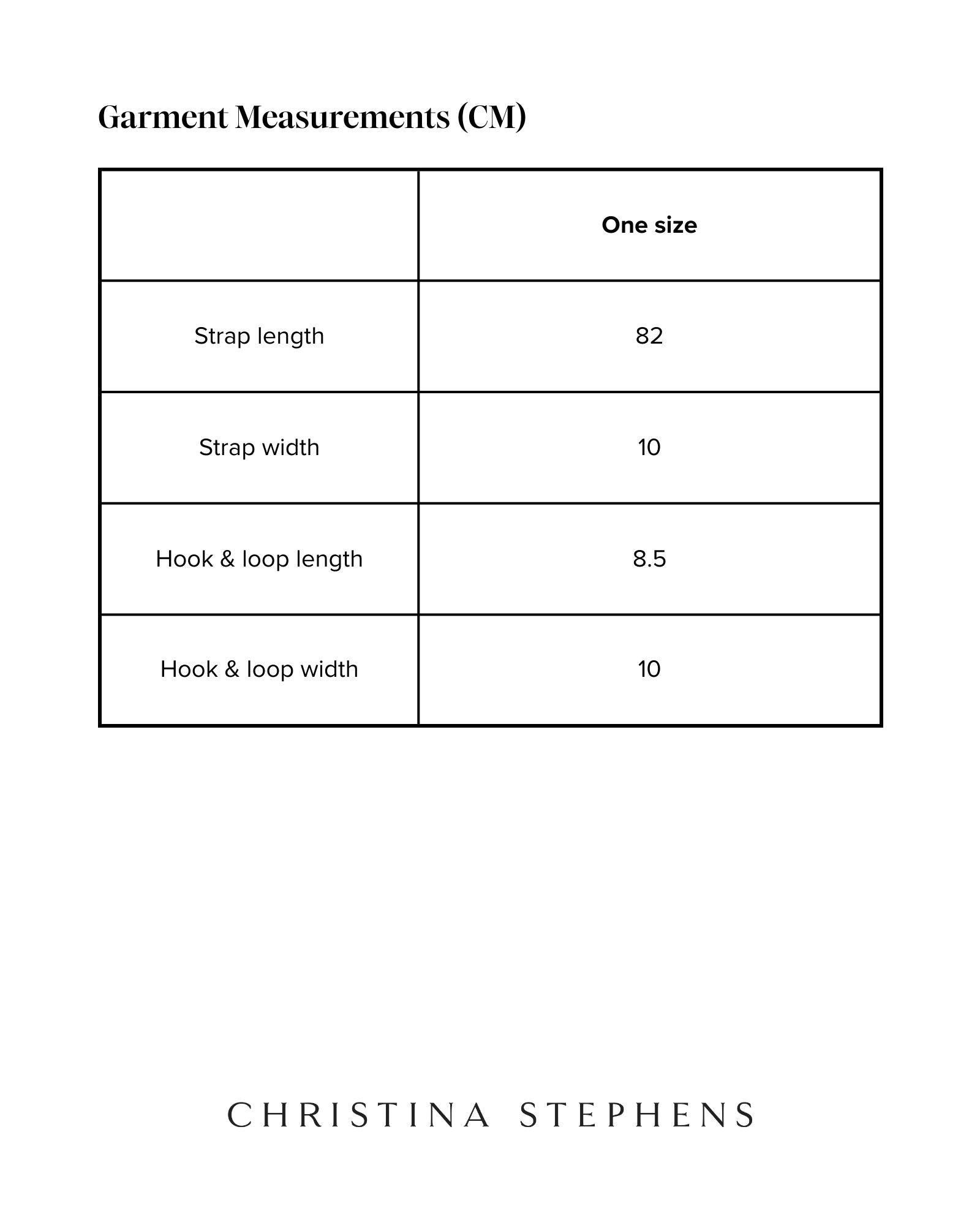 Wheelchair Leg Strap size chart showing measurements in centimeters including strap length of 82cm, strap width of 10cm, and hook & loop dimensions of 8.5cm length and 10cm width. One size available.