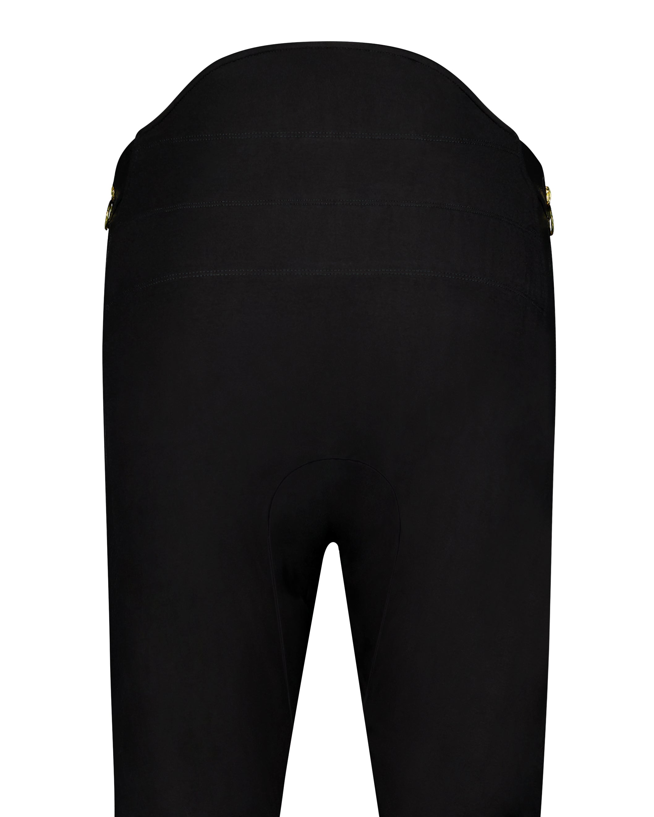 Suzie Q Seated Pants shown in classic black with seamless design, featuring high-rise back with gold zipper details. Specially tailored adaptive pants with extra room for medical accessories, available in sequin or pleather finishes. Wheelchair-friendly design showcasing elegant silhouette.